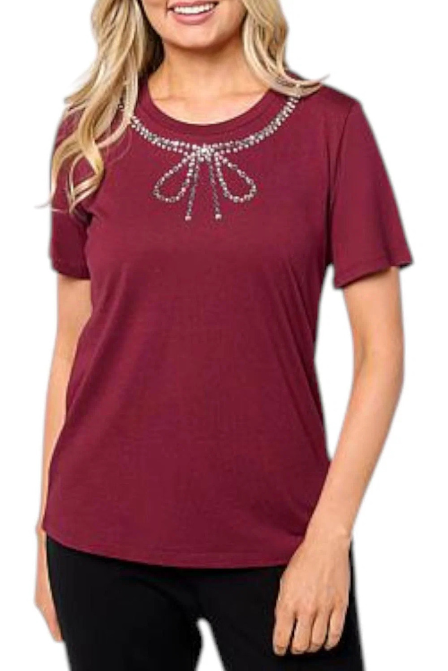 G by Giuliana Women's Knit Top w/ Rhinestone Bow Neckline Cherry Mocha - Regular